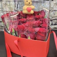 Roses and Teddy in a hat box